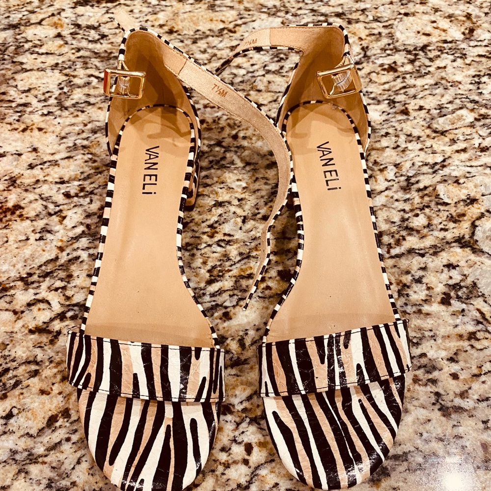 new in box. Vaneli Zebra print ankle strap sandals size 7.5